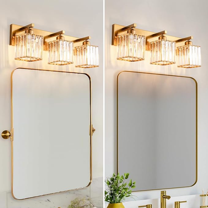 FDPBY Modern Bathroom Vanity Light 3-Lights Gold Crystal Bathroom Wall Light Vanity Light Fixtures，20.47-inch Modern Minimalist Design