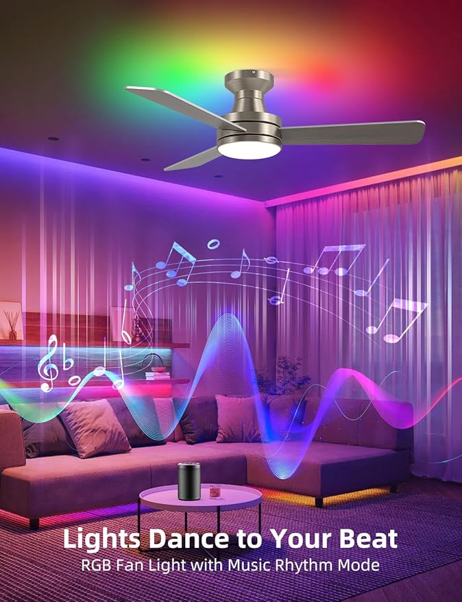 Homlit 42 inch RGB Ceiling Fan with Light, Smart App & Remote Control Low Profile Flush Mount, Music Sync Lighting, 6-Speed Quiet Reversible DC Motor, 4CCT Dimmable for Home Office Party