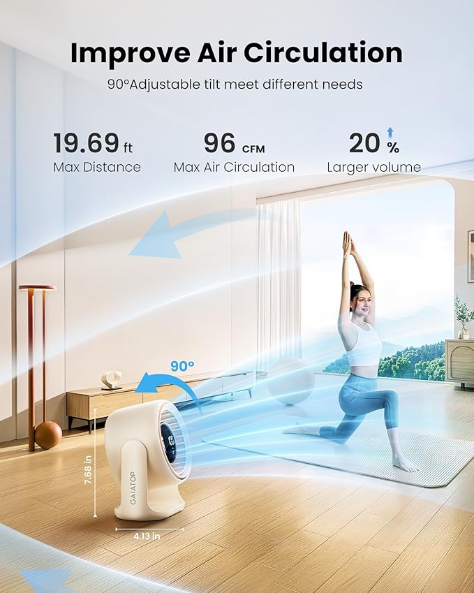 Gaiatop Desk Fan, Touch Control LED Display Small Portable Fans, 5 Speeds Strong Wind, Ultra Quiet Rechargeable 4000mAh Battery Operated Table Desktop for Bedroom, Office (White Beige)