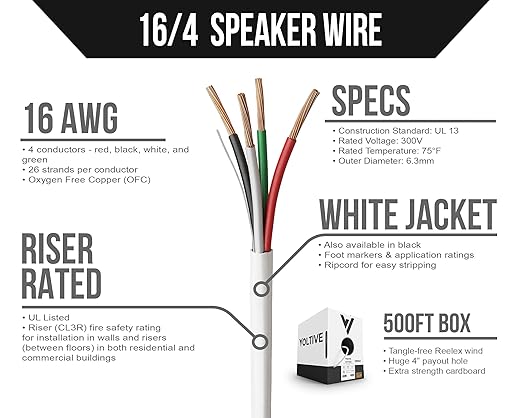 Voltive 16/4 Speaker Wire, Riser CL3R, White, 500ft - 16AWG, 4 Conductors, Stranded Oxygen-Free Copper, UL Listed - V-1273-2