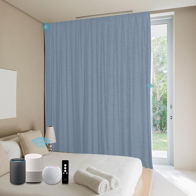 SmartWings Automatic Curtain Opener with Drapery, Motorized Vertical Blinds with Remote, Electric Closet Doors Sliding Panels Compatible with Alexa Google Homekit, 90% Blackout Sky Blue