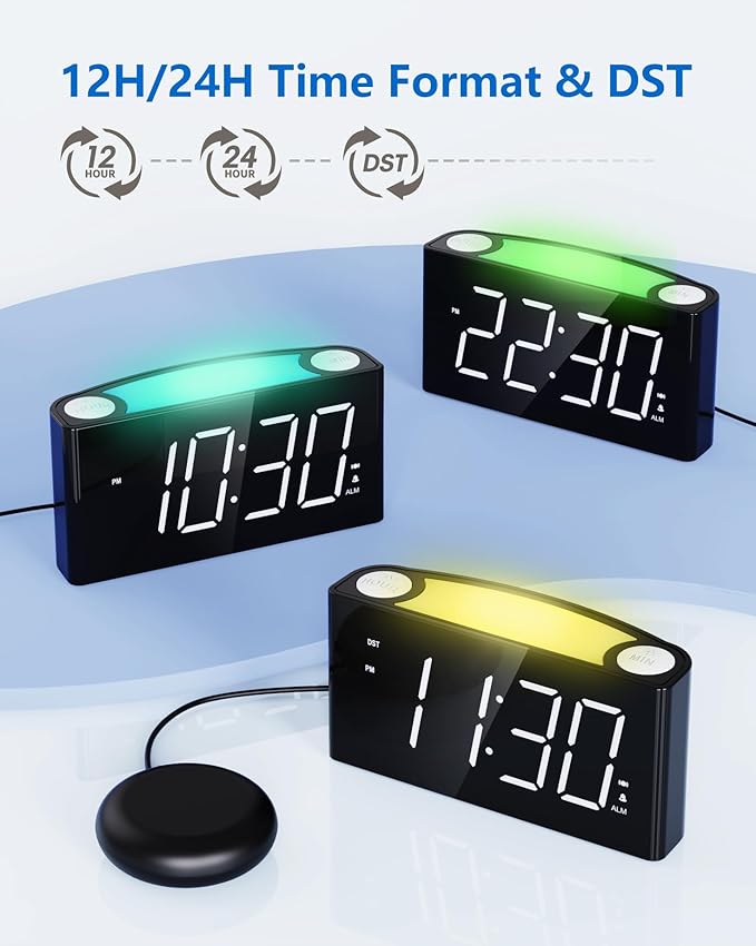 Vibrating Alarm Clock with Bed Shaker for Heavy Sleepers, Beside Clock with Night Light for Bedrooms, 2 USB Chargers,Large LED Display with Dimmer,Snooze 12/24H DST, Battery Backup