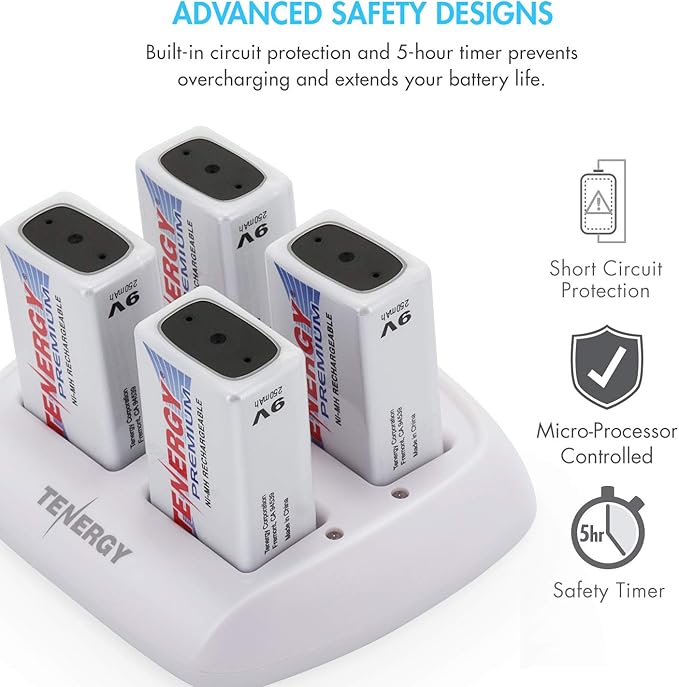 Tenergy TN136 4 Bay 9V Smart Charger with 4 Pieces Tenergy Premium 9V NiMH Rechargeable Batteries