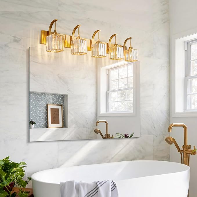 FDPBY 5-Light Crystal Vanity Light, Modern Gold Bathroom Wall Sconce with K9 Crystal Shades, 42.51" Long Over Mirror Lighting for Vanity, Makeup, Hallway, Elegant & Easy Installation