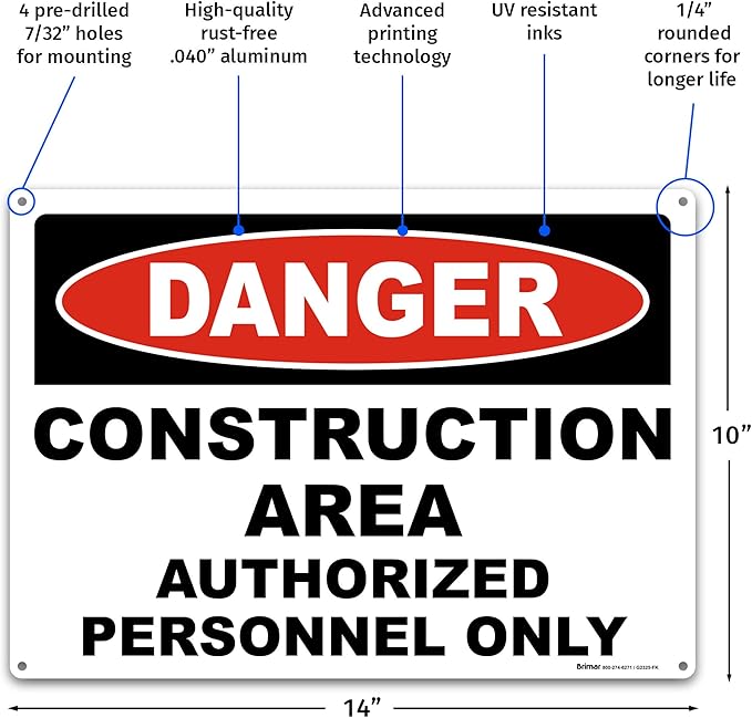 Brimar 14"x10" Danger Construction Area Safety Sign - Aluminum, Weatherproof, Clear Rules and Guidelines, Essential Safety Signage for Construction Sites.