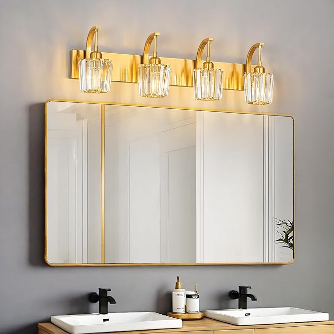 FDPBY Modern Bathroom Vanity Light, 4-Light Gold Wall Sconce with Crystal Accents, Over Mirror Bathroom Lighting Fixture, 32.67" Long Dimmable Vanity Lamp for Makeup, Easy Installation