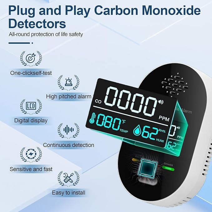 Carbon Monoxide Detector Plug in Wall, 3-in-1 CO Detector with Temperature Humidity Sensor, Portable Carbon Monoxide Detectors Easy to Read & Install, for Home/Office/Hotel/Travel/RV