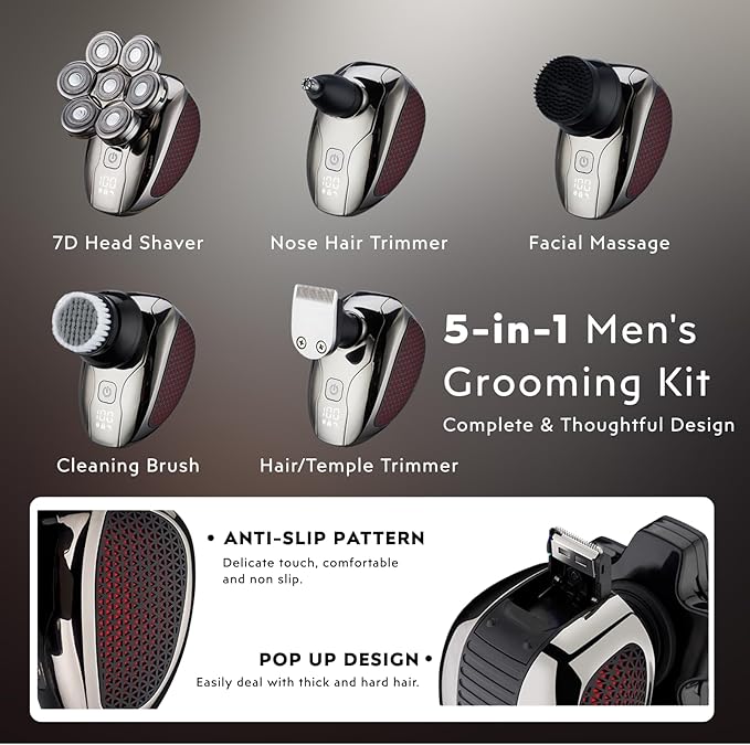 Head Shavers for Bald Men - 5-in-1 7D Floating Electric Bald Head Shavers for Men, IPX6 Waterproof Wet & Dry Use, LED Display Fast Rechargeable, Grooming Kit for Hair/Face/Beard