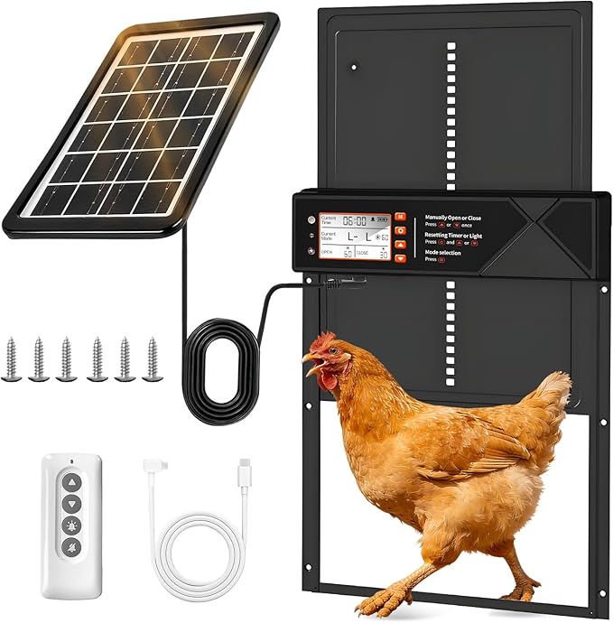 Automatic Chicken Coop Door Solar Powered, Aluminum Alloy Automatic Chicken Door with Large Size, 4 Modes, Timer & Light Sensor, Anti-Pinch Safety Design, LCD Display, Remote Control, Weatherproof