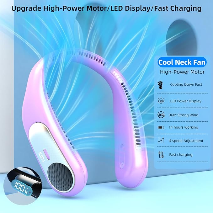Portable Neck Fan,Personal Wearable Bladeless Fan,LED Display,4-Speeds,6000mAh USB Rechargeable,360° Strong Cooling Wind,Hands Free,White Elephant Gift,Christmas Gifts for Men Women Dad Mom (Purple)