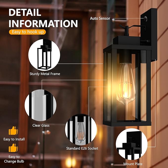 Kainozoic Motion Sensor Dawn to Dusk Outdoor Sensor Light Fixture Anti-Rust Exterior Wall Lighting Waterproof Outdoor Wall Lantern for Porch Patio Front Door Garage