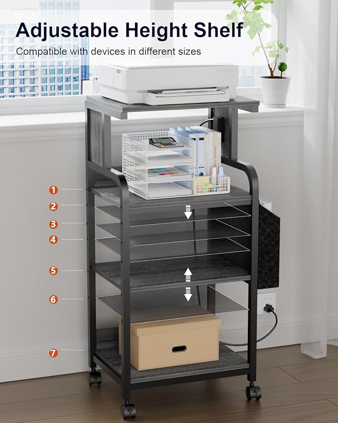 DongRong Tall Printer Stand with Storage Adjustable Shelf and Bag, 4-Tier Large Printer Table with Charging Station for Home Office, Printers Cart with Wheels for 3D Shredder Scanner Fax (Grey)