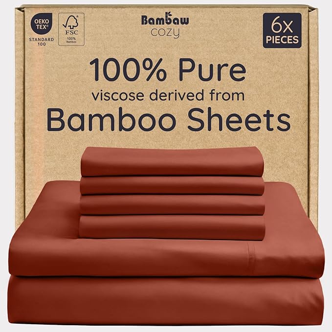Bambaw 100% Viscose Derived from Bamboo Sheets Queen Size – 6pcs Queen Sheet Set Cooling Sheets, Fits Up to 16'' with Elastic Corner Straps, Breathable & Super Soft Bedding Set (Terracotta)