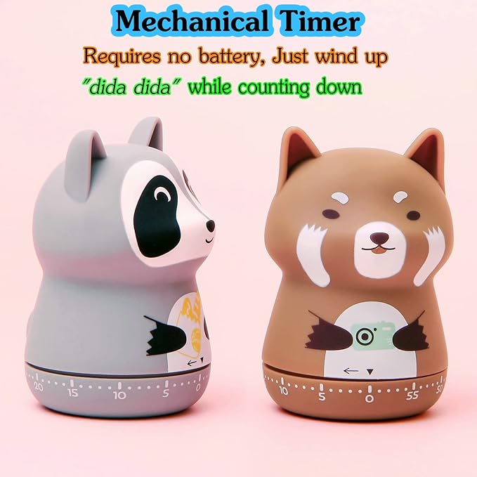 NUOSWEK Mechanical Kitchen Timer, Cute Animal Timer for Kids, Wind Up 60 Minutes Manual Countdown Timer for Classroom, Home, Study and Cooking (Brown Lesser Panda)