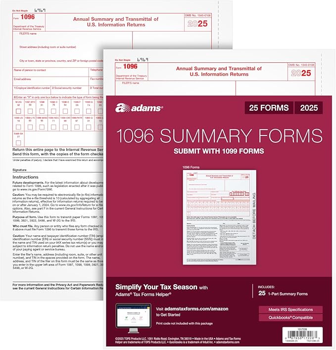 Adams 1096 Forms 2025, 1-Part Summary Transmittal Forms for 25 Recipients, Compatible with Inkjet & Laser Printers, 25 Sets per Pack, IRS Compliant (1017226)