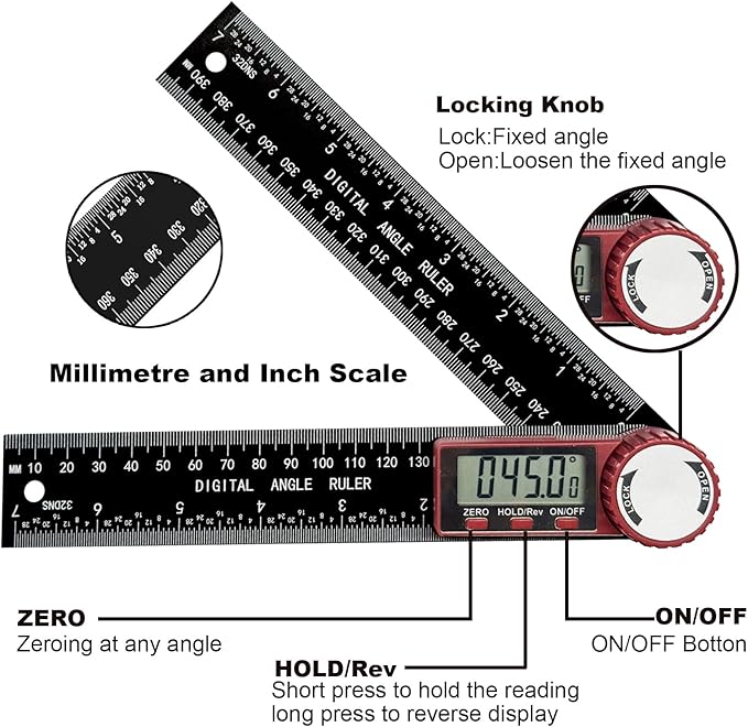 NORTOOLS Digital Angle Finder, 7 inch /200mm T-Bevel Protractor Ruler,Horizontal Vertical Bubble levels with Large LED Screen, 0-360° Measuring Tool,Suitable for Woodworking/Construction/DIY ﻿