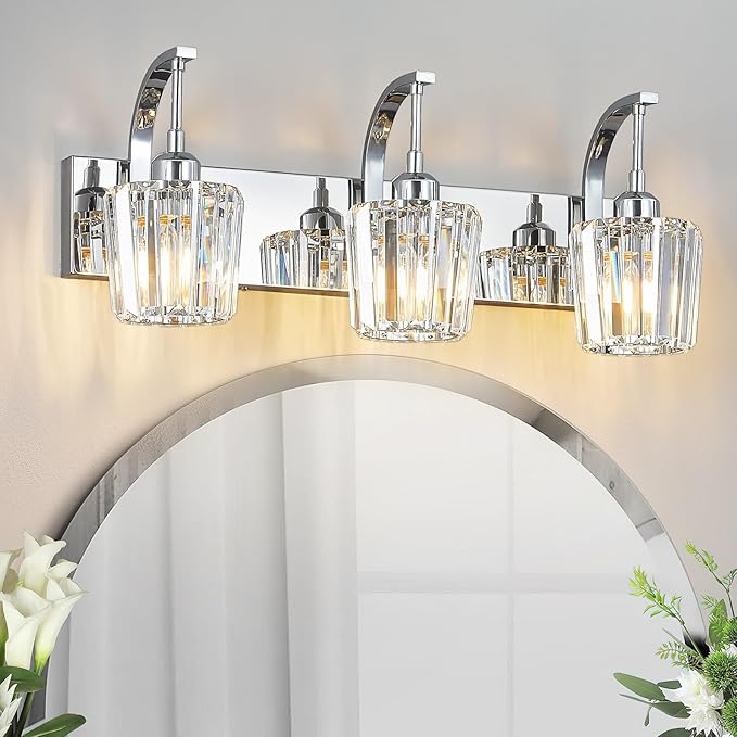 FDPBY Modern Bathroom Vanity Light, 3-Light Chrome Wall Sconce with Crystal Accents, Over Mirror Bathroom Lighting Fixture, 23.62" Long Dimmable Vanity Lamp for Makeup, Easy Installation