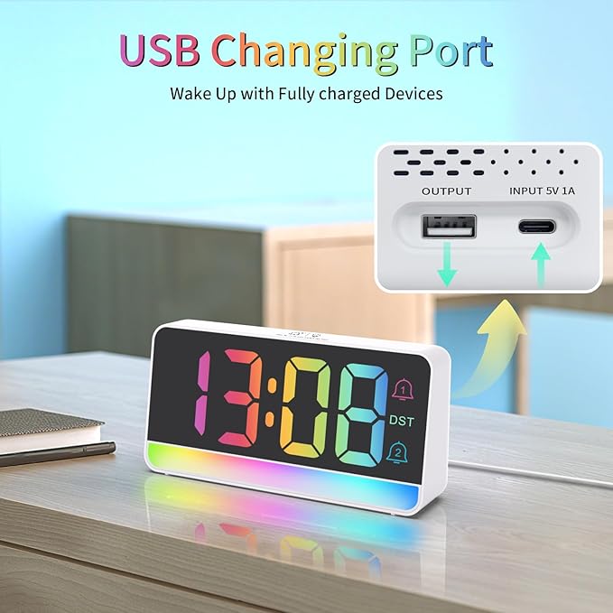 Alarm Clocks for Bedrooms, Digital Bedside Clock with RGB Night Light, Adjustable Volume for Heavy Sleepers, USB Charger, Large Display, Modern Decor for Desk, Dimmable Alarm Clock for Kids(Colorful)