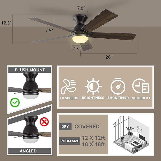 SMAAIR 52 Inch Smart Ceiling Fan with Light and Remote, Flush Mount Modern Ceiling Fan with lights,Compatible with Alexa/Google Assistant/Siri,Timer and Schedule,10 Speed DC Motor, Wooden/Walnut
