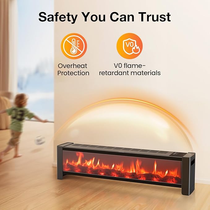 Air Choice 33” Baseboard Heater, 1500W Fireplace Heater with Top Air Outlet, Remote, Adjustable Thermostat, 12H Timer, Overheat&Tip-Over Protection, No Fan Design, Space Heater for Large Room Office
