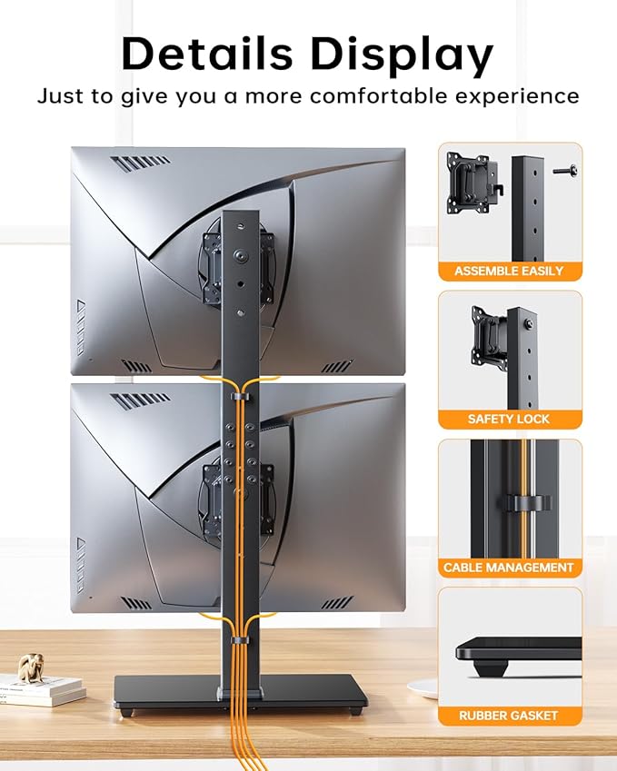 Dual Monitor Stand, FreeStanding Desk Stand for Two 13-32 inch Screens, Vertical Monitor Riser with Swivel, Tilt, Rotation, 4 Height Options, Holds One (1) Screen Up to 77Lbs, VESA 75x75mm/100x100mm