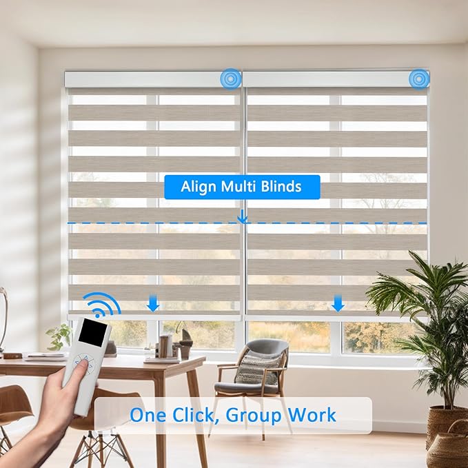 COOLWINDS Motorized Zebra Blinds for Windows Cordless Electric Curtains with Remote Control Blackout Shades Custom Smart Blinds Compatible with Alexa Google Home(Roomdarking Caramel,W26 X 72in)