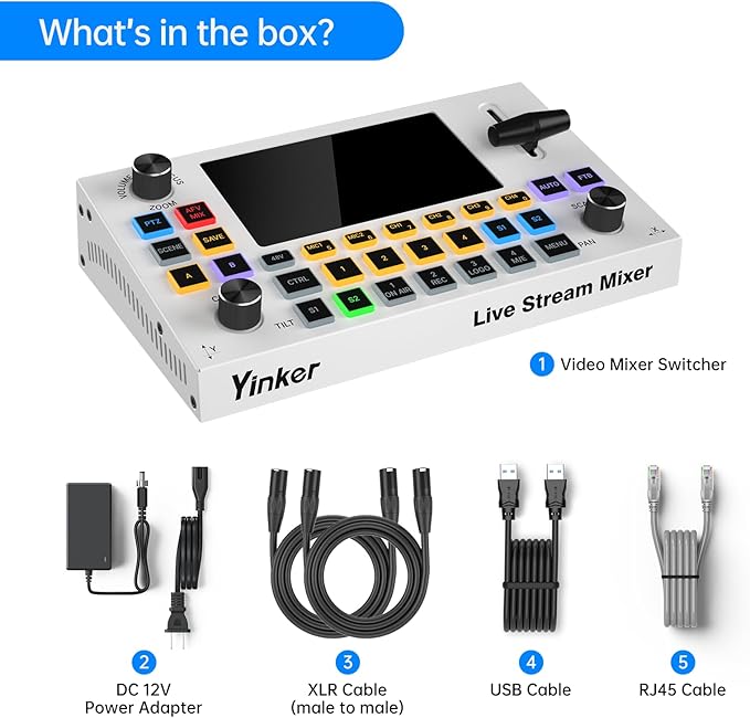 Yinker 5.5 Inch LCD Screen Video Mixer Switcher 4-Channel HDMI Live Stream Switcher, Support PST PGM, 1080P 60FPS USB Recording, USB 3.0 Streaming, PTZ Control