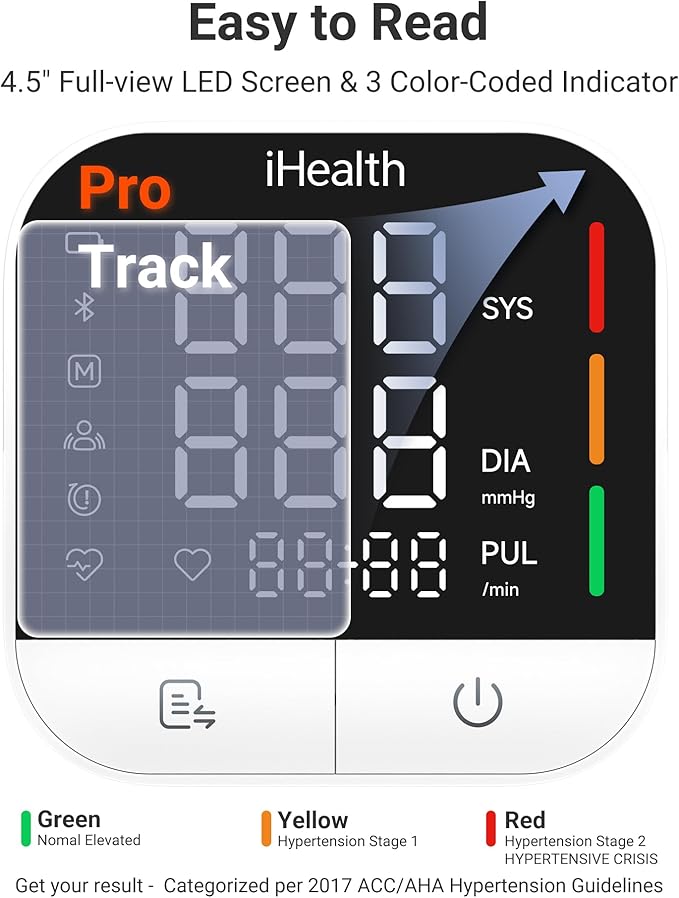 iHealth Track Pro Upper Arm Blood Pressure Monitor, Full-View LED Screen, Body & Cuff Detection, App-Enabled for iOS & Android, Adjustable Cuff Large Adults Arm Friendly