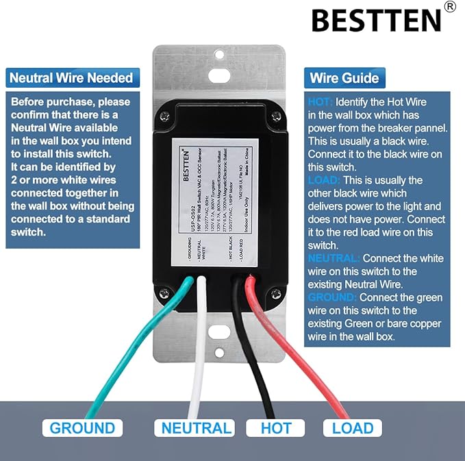 BESTTEN 5 Pack Motion Sensor Light Switch, PIR Vacancy & Occupancy, 800W 1/6 HP, 120/277V, Single Pole, Neutral Wire Required, Wallplate Included, UL Listed, White