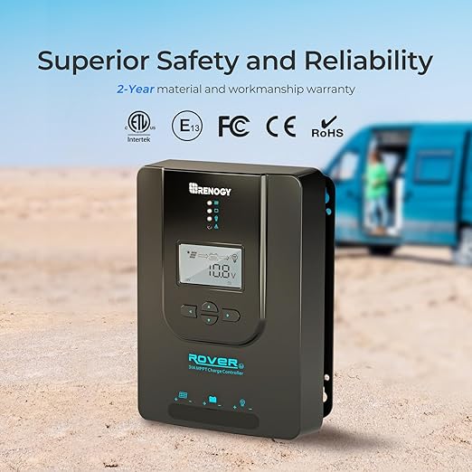 Renogy Rover 30A 12V/24V Auto DC Input MPPT Solar Charge Controller Parameter Adjustable LCD Display Solar Panel Regulator fit for Gel Sealed Flooded and Lithium Battery, Rover 30A,Black
