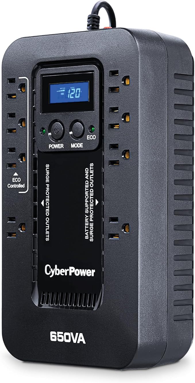 CyberPower EC650LCD Ecologic Battery Backup & Surge Protector UPS System, 650VA/390W, 8 Outlets, ECO Mode, Compact Uninterruptible Power Supply