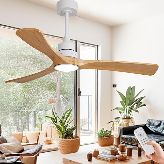 Gaizw 52 Inch Ceiling Fans with Lights and Remote Control, Modern Wooden Ceiling Fan, 2 Downrods 3 Blades Ceiling Fan with Light, 6 Speeds Reversible Quiet DC Motor Indoor Outdoor Fans
