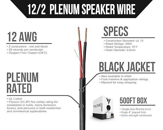 Voltive 12/2 Speaker Wire, Plenum CL3P, Black, 500ft - 12AWG, 2 Conductors, Stranded Oxygen-Free Copper, UL Listed - V-1214-1