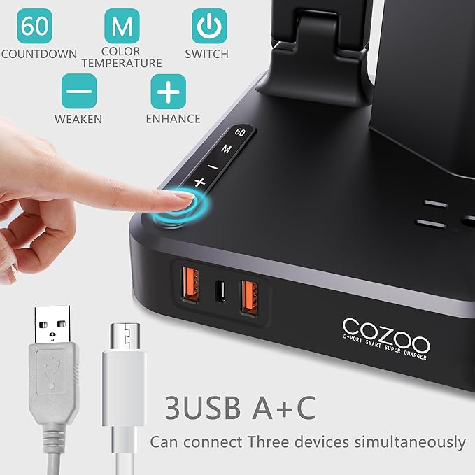 LED Desk Lamp with 3 USB Charging Ports 1 AC Outlet Small Table Lamp for Home Office/Bedroom/Study/College/Dorm Room Essentials, Foldable Reading Light w/Pen Holders for Craft/Artist/Puzzle/Nail/Task