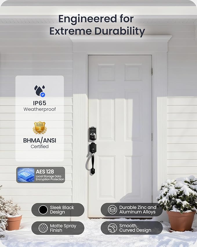 Veise VE027-H Built-in Wi-Fi Fingerprint Smart Deadbolt Lock with Handleset, App Remote & Voice Control, Keyless Entry Front Door Lock Set, Touchscreen Keypad, Auto-Lock, Easy Setup, Matte Black
