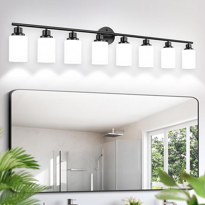 Guliaofo 8-Light Vanity Lights, Black Bathroom Light Fixture with Striped Textured Milky White Glass Shade, Modern Vanity Lighting Fixture for Bathroom Wall Light Over Mirror, E26 Wall Sconce