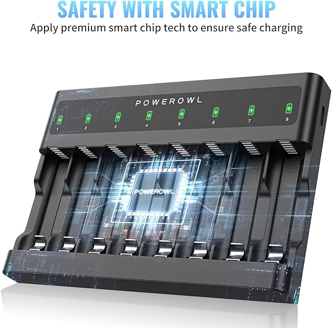 POWEROWL AA AAA Battery Charger 8 Bay, Independent Slot, USB Fast Charging for Ni-MH Ni-CD Rechargeable Batteries
