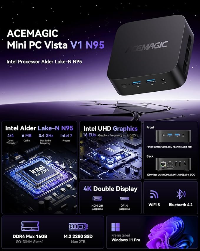 ACEMAGIC Mini Pc 11 Pro, Processor N95 (Beat N100/N150) up to 3.4 GHz Mini Computers, 16GB DDR4 512GB SSD, 4K Dual Display WiFi BT VESA Micro Small Pc for Business and Home, Mini Desktop