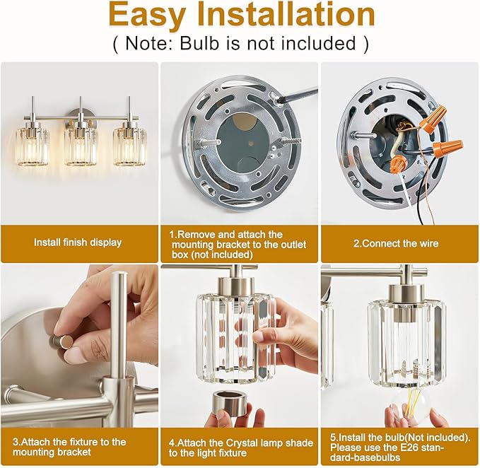 EJIAXIN 3 Light Crystal Bathroom Light Fixtures, Brushed Nickel Vanity Mirror Lights, Crystal Bath Vintage Wall Mounted Lamps Wall Light Fixtures for Bathroom, Living Room