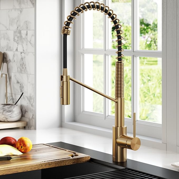 KRAUS Oletto Commercial Style Single Handle Pull Down Kitchen Faucet with QuickDock Top Mount Installation Assembly in Brushed Brass, KPF-2631BB