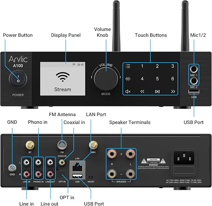 Arylic A100 Wireless Full Digital HiFi Amplifier with FM Radio, 100W×2 WiFi & Bluetooth Audio Receiver, Supports AirPlay, Spotify Connect,Multiroom, Ideal for KTV, Home Theater, and Broadcasting.