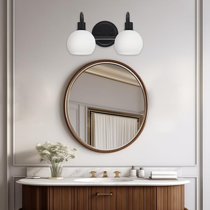 WINSHEN 2-Light Black Bathroom Light Fixture, Milk White Globe Wall Sconce Lamp for Hallway Bedroom Foyer Cabinets, Modern Vanity Lights E26 Socket
