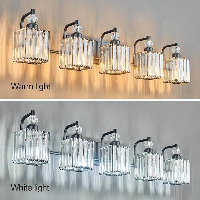 BBLLWJ 5 Light Bathroom Vanity Light Modern Black Vanity Light Fixtures Bathroom Light Fixtures Over Mirror Crystal Vanity Lighting Fixtures