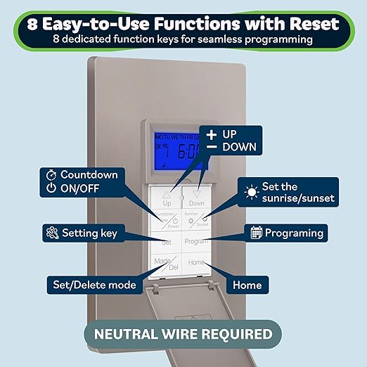 TOPGREENER Digital Astronomic Timer Switch, 7-Day Programmable Sunrise Sunset Timer for Lights, Fans, & Motors, Single-Pole or 3-Way, Neutral Wire Required, UL Listed, TGT01-HN-NK, Nickel