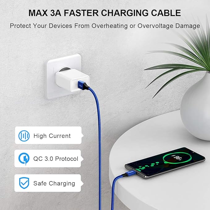 etguuds USB A to USB C Cable 6ft, 2-Pack, 3A Fast Charging Type C Charger Cord for iPhone 17 16 15 Pro Max 16e 17 Air, Samsung Galaxy S25 S24 S23 S22 S21 S20 A17 A16 A56 A55 Flip Fold, Blue