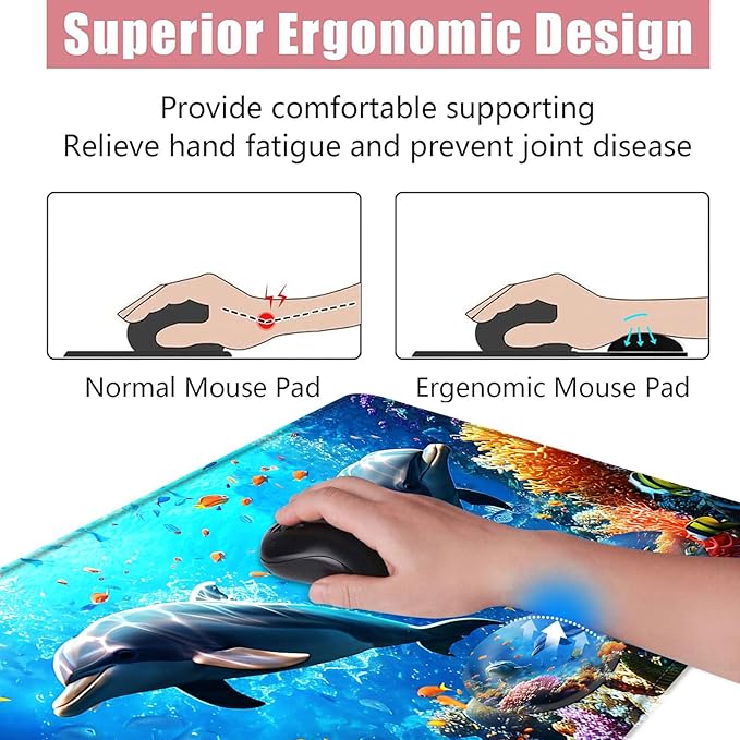 BFUKVOU Large Keyboard Mouse Pad Set, Extended Mouse Pad+Keyboard Wrist Rest Support, Memory Foam Ergonomic Easy Typing, 4Pcs (31.5×11.8 in) Desk Pad Set for Office Home,Underwater Dolphin Scene
