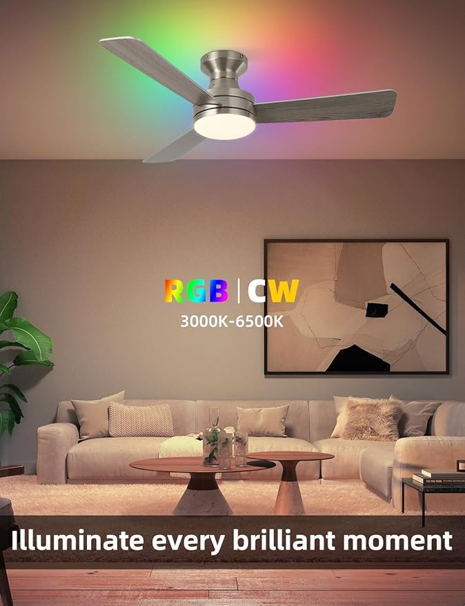 Homlit 42 inch RGB Ceiling Fan with Light, Smart App & Remote Control Low Profile Flush Mount, Music Sync Lighting, 6-Speed Quiet Reversible DC Motor, 4CCT Dimmable for Home Office Party