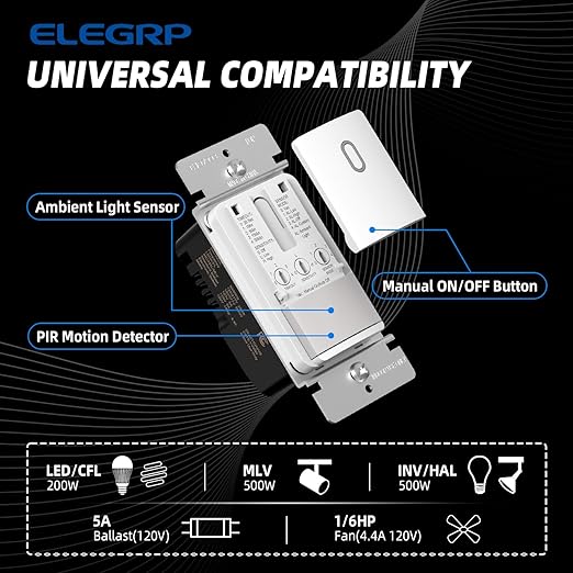 ELEGRP Matte White Single Pole Occupancy Motion Sensor Light Switch, Need Neutral Wire, 120° Sensor Coverage PIR Infrared Motion Activated, for CFL/LED/MLV/INC/HAL/Fan, UL, 6 Pack