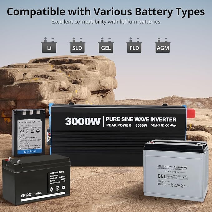 3000W Pure Sine Wave Inverter 1 USB Port 5v/2.1a,LCD Display&Remote Controller for Home, RV, Truck