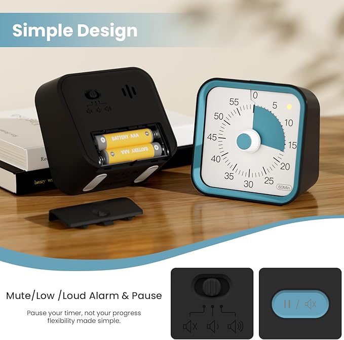 InfPokid Visual Timer for Kids with Pause Function, 60 Minute Countdown Timer for Kids Desk Study, Teaching, Kitchen Cooking, Office Meetings, Time Management for ADHD (Black)